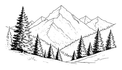 Mountain peaks with pine forest landscape, vintage engraving vector illustration of alpine wilderness and nature adventure © JakubVectorSketch