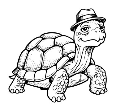 Cool turtle wearing a hat character illustration, cute hand drawn tortoise sketch for pet and slow lifestyle theme