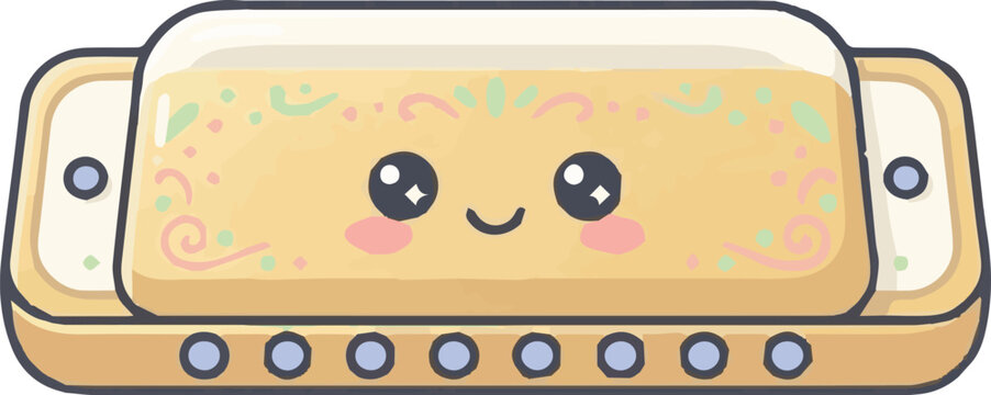 Harmonica musical instrument features a cute cartoon face with sparkling eyes and a cheerful smile against a clean white background setting.