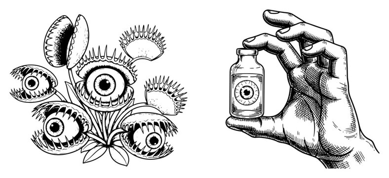 Surreal Venus flytrap plants with eyes and hand holding eye bottle, vintage engraving vector of carnivorous monster plant and science experiment