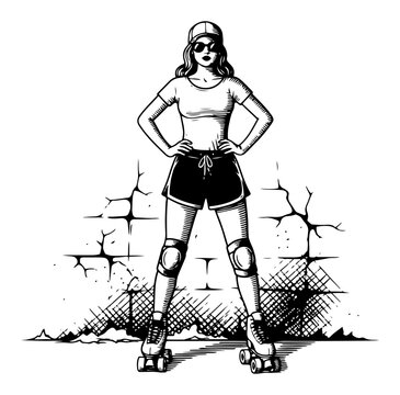 Cool young woman on roller skates in front of brick wall, vintage engraving vector of urban street lifestyle and retro roller girl character