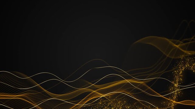 Flowing golden wave lines sparkling particles sweep across a deep black background generous copy space. luxury titles, event promos, business presentations, music visuals, and elegant video