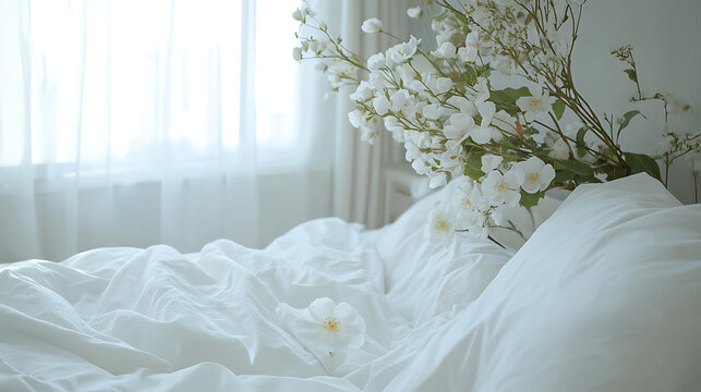 White flowers and bedding in cozy bedroom