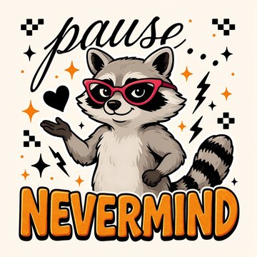 Cute raccoon with glasses illustration. Funny animal graphic with pause nevermind text.