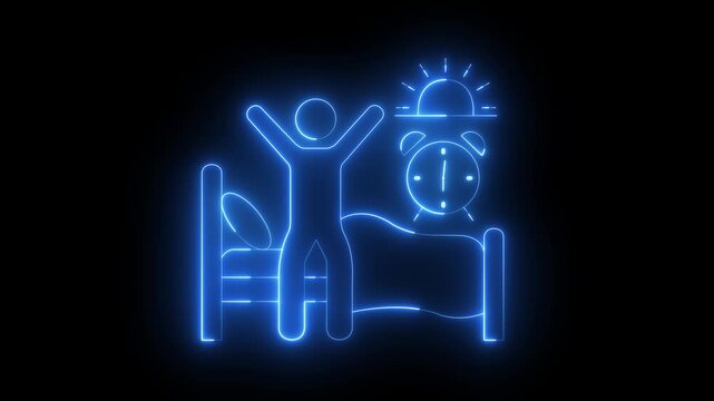 glowing neon Waking up icon isolated on black background, Morning Routine Graphics, Sunrise Alarm Clock Illustrations. Person Stretching in Bed, Sleep Cycle Symbols. 4k video animation.