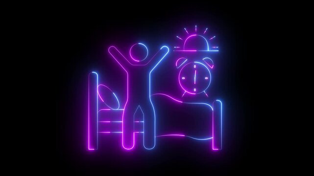 glowing neon Waking up icon isolated on black background, Morning Routine Graphics, Sunrise Alarm Clock Illustrations. Person Stretching in Bed, Sleep Cycle Symbols. 4k video animation.