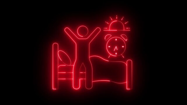 glowing neon Waking up icon isolated on black background, Morning Routine Graphics, Sunrise Alarm Clock Illustrations. Person Stretching in Bed, Sleep Cycle Symbols. 4k video animation.