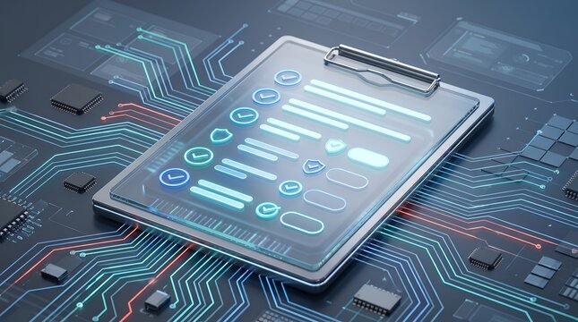 Digital compliance checklist on circuit board representing cybersecurity audit and IT infrastructure assessment for business security