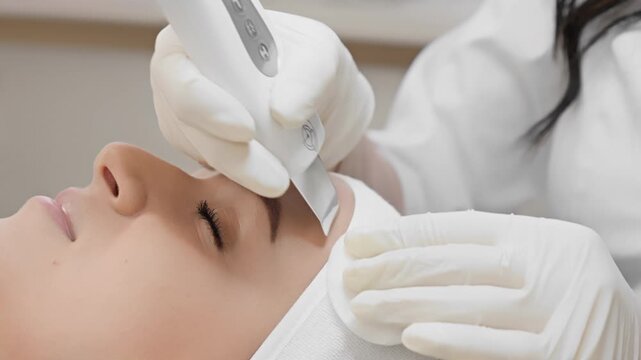 Aesthetician carefully applies semi permanent pigment to client's eyebrows using specialized tool for natural look. Beauty enhancement and meticulous technique highlighted in clinical environment