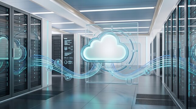 Data center server room environment displaying glowing cloud storage icon with data transfer streams and network connectivity symbols