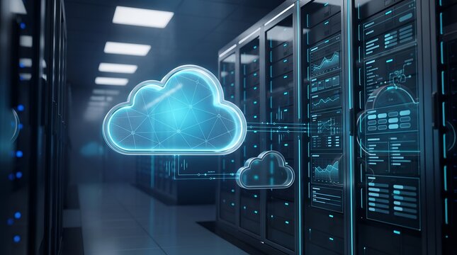Cloud network connectivity visualization showing floating digital cloud nodes and data analytics interface in a modern server farm