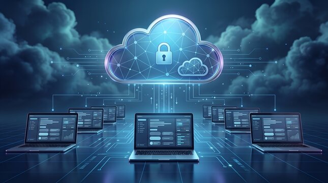 Secure cloud storage network concept featuring connected laptops and encrypted data protection in a modern cybersecurity environment