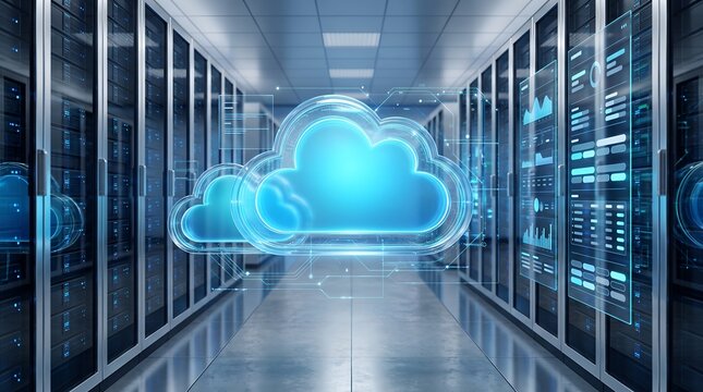 Data center infrastructure with holographic cloud storage symbol and analytics dashboard overlay in modern server room