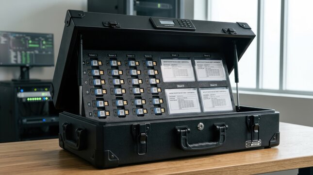 Open black case with electronic devices and data sheets