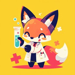 Fototapeta premium Cute fox doctor holding medical test tube. Little animal scientist in white coat working in laboratory. Vector illustration character for children greeting card, poster and sticker design.