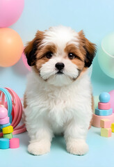 Obraz premium Adorable shih tzu puppy with fluffy white and brown fur sitting among colorful baby toys and balloons on a light blue background