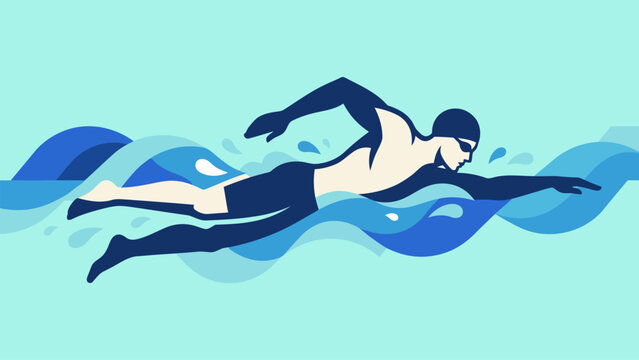 Flat vector illustration of a swimmer performing freestyle stroke in open water. Ideal for swimming competitions, aquatic sports, triathlon, fitness, and Olympic event promotions.