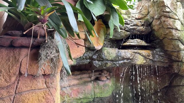 Cinematic Tilt Up From Waterfall Base to Tropical Plants Garden