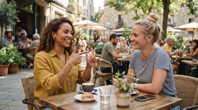 Two smiling women friends enjoying conversation and coffee at an outdoor cafe table