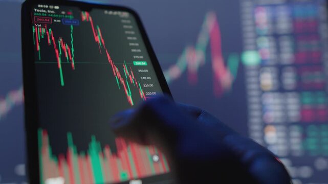 Close up of a hand holding a smartphone displaying real time stock market graphs and red green candlestick charts. Blurred trading screens in the background highlight financial technology trends