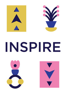 Modern abstract vector poster with word Inspire and geometric shapes.