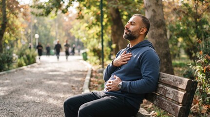 Obraz premium Man sitting on park bench with eyes closed and hands on chest and stomach