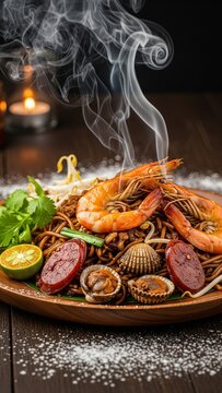 Vibrant Char Kway Teow with Wok Hei on Rustic Table