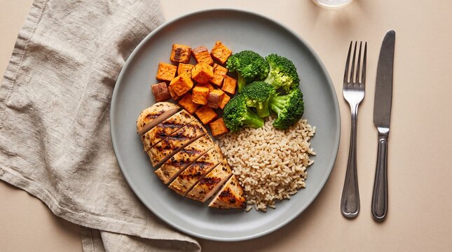 Grilled chicken breast with broccoli and rice. Healthy meal prep plate with sweet potatoes.