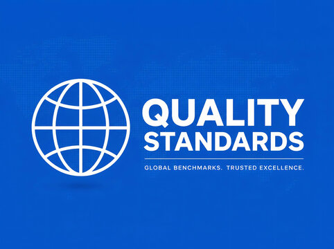 Quality standards concept with globe icon. Professional corporate badge for global excellence.