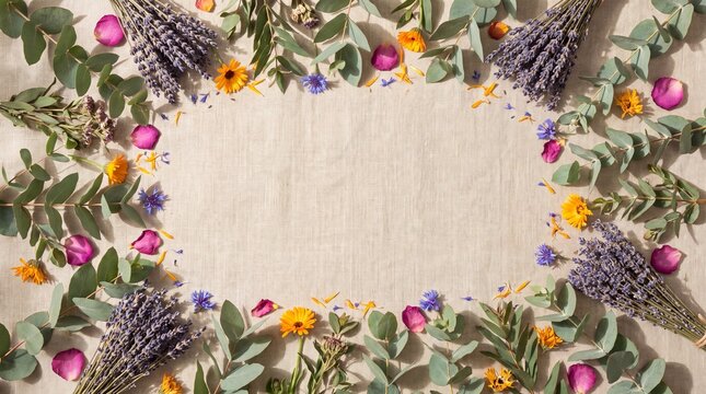 Floral frame with lavender and eucalyptus. Botanical border on rustic linen background.