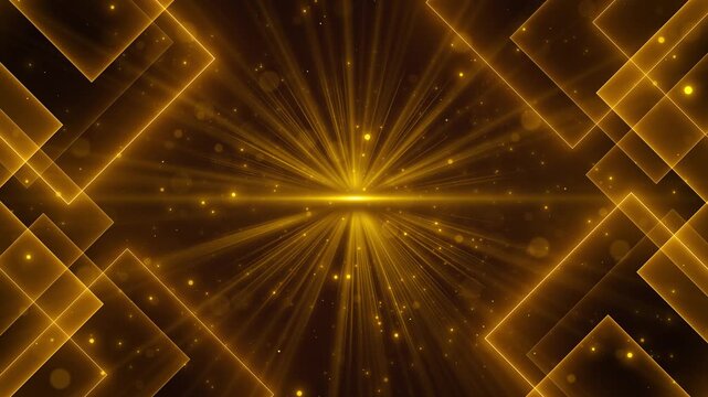 Radiant golden rays explode from center translucent square frames surround the scene with geometric depth. title reveals, award intros, festive promos, luxury branding, and energetic video openers.