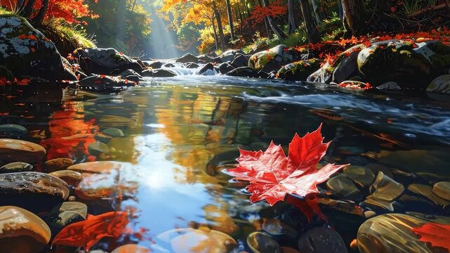 Red maple leaf floating on clear forest stream
