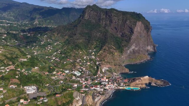 Aerial view of Penha d'&Aacute;guia overlooking Porto da Cruz and Faial, Madeira, Portugal