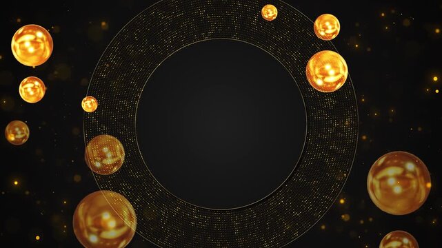 Golden metallic spheres float dotted circular frame a deep black background, leaving clear central copy space. luxury product reveals, award titles, high end branding, festive promos, elegant intros,