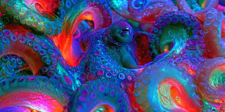 The Octopus That Glows in Neon Color as Twisting Tentacles Rise and Surreal Light Wraps Every Curve, ai generated.