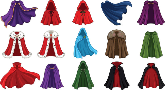 Medieval Cape and Cloak Vector Set with Royal Garments Hooded Robes Vampire Mantles and Fantasy Costume Elements