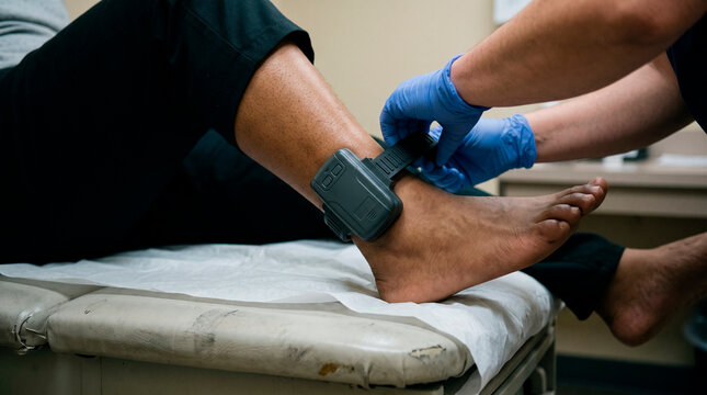 Officer fastening electronic monitoring ankle bracelet on immigrant man. Law enforcement control of refugee or asylum seeker for border security policy and legal immigration supervision.