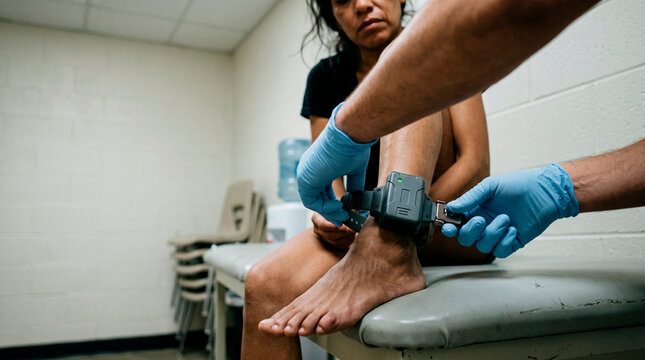 Official placing electronic monitoring ankle shackle on immigrant woman. Legal surveillance device on refugee. Border control, detention center, law enforcement and migration policy procedure.