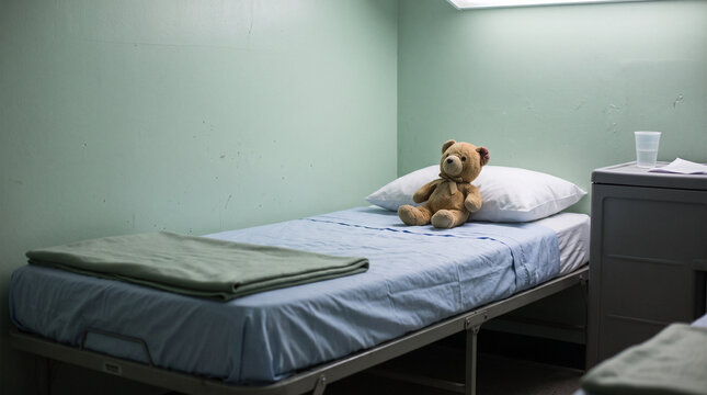 Teddy bear sitting on a narrow cot in a sparse room. Concept of an immigrant or refugee child waiting in temporary housing. Shelter, migration, childhood loneliness and displacement.