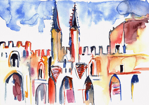 Expressive Avignon skyline with the Palace of the Popes in France, hand-painted watercolor
