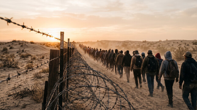 Group of immigrants walking along a barbed wire fence in a desert landscape. Refugees trekking through sandy terrain at sunset. Human migration, border crossing and humanitarian crisis.