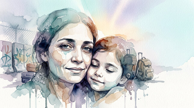 Immigrant woman and daughter hugging near border fence with luggage. Refugee family fleeing war seeking safety and hope. Watercolor illustration of human crisis and migration journey.