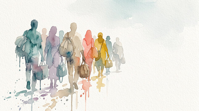 Watercolor illustration of a group of immigrants and refugees walking with luggage. Man and woman escaping conflict, displacement, and seeking asylum. Global migration and human rights concept.