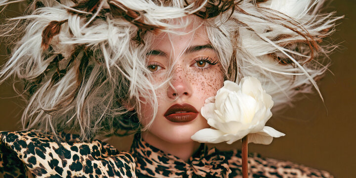 The One Who Wears Wild Elegance as Feathers Rise and Spotted Style Turns Nature Into Fashion, ai generated.