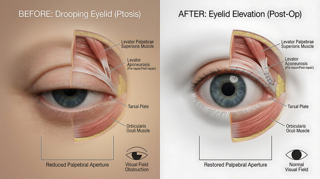 Ptosis Before vs After Repair: Drooping Eyelid vs Restored Elevation