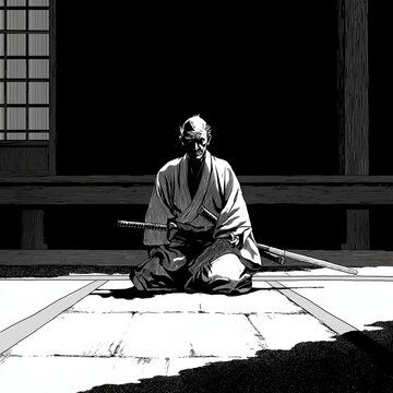 Solitary old man seated on the floor in shadow / monochrome illustration

