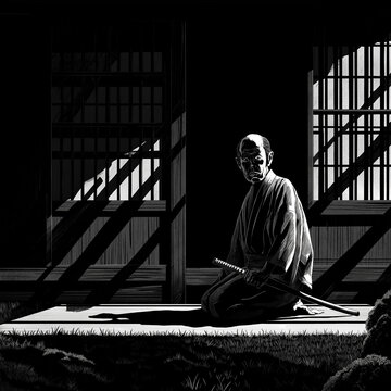 Lone aged man kneeling in a dark cell / black and white illustration
