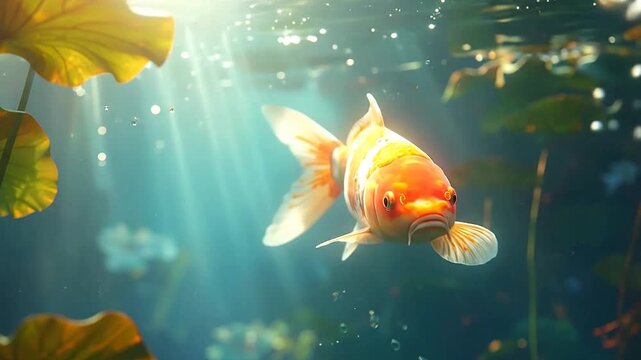 Koi fish swimming underwater among green lotus leaves.