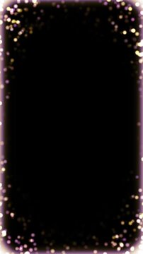 Colorful glowing festive bokeh frame with elegant sparkling light particles, on on phone screen black background seamless loop for wedding celebration, logo animation, video edting project. 4k video