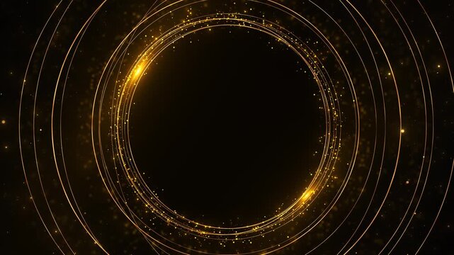 Golden circular light trails sparkling particles elegant ring dark empty center. luxury titles, wedding invitations, award announcements, product displays, festive greetings, logo reveals, background